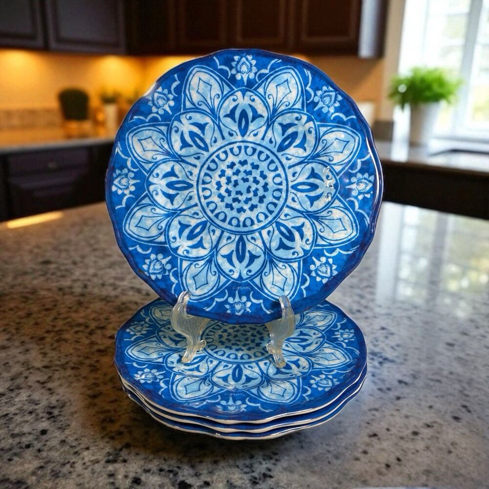 Citrus Grove Melamine Cobalt Blue Floral Luncheon Plates - Set of 4 - 9 1/8”